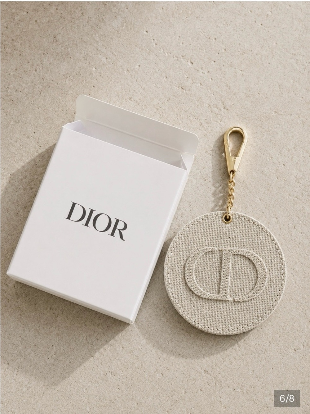 Dior Beige Linen Round Mirror Keychain Bag Charm Gold Clasp New In Box VIP/GWP - Picture 6 of 6